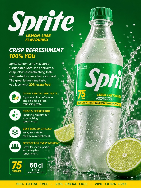 Sprite Lemon-Lime Flavoured Carbonated Soft Drink (60cl + 10cl Extra Free)